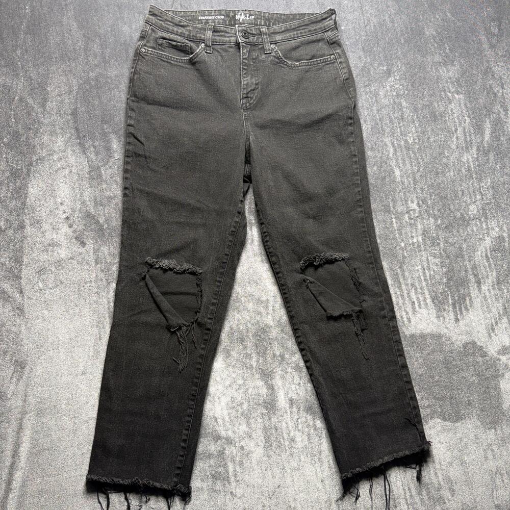 Style & Co Jeans Womens 8 Gray High Rise Straight Crop Distressed Raw Hem Denim